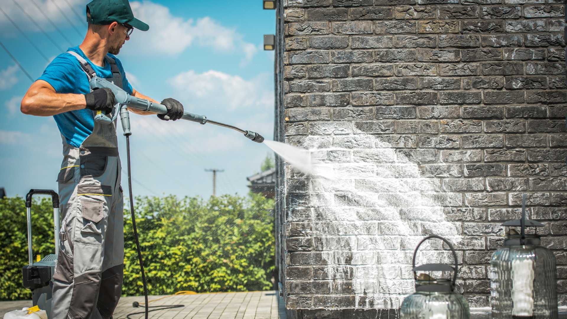 Man pressure washing concrete wall