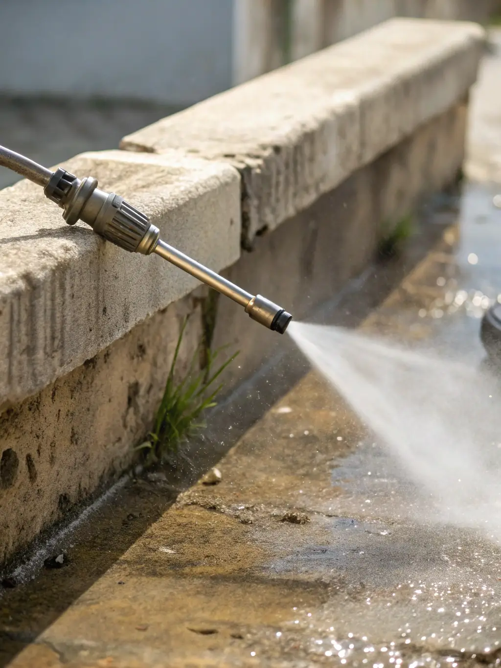 A close-up image of a technician using a specialized nozzle on a pressure washer to clean a rough concrete surface, highlighting the equipment and technique.