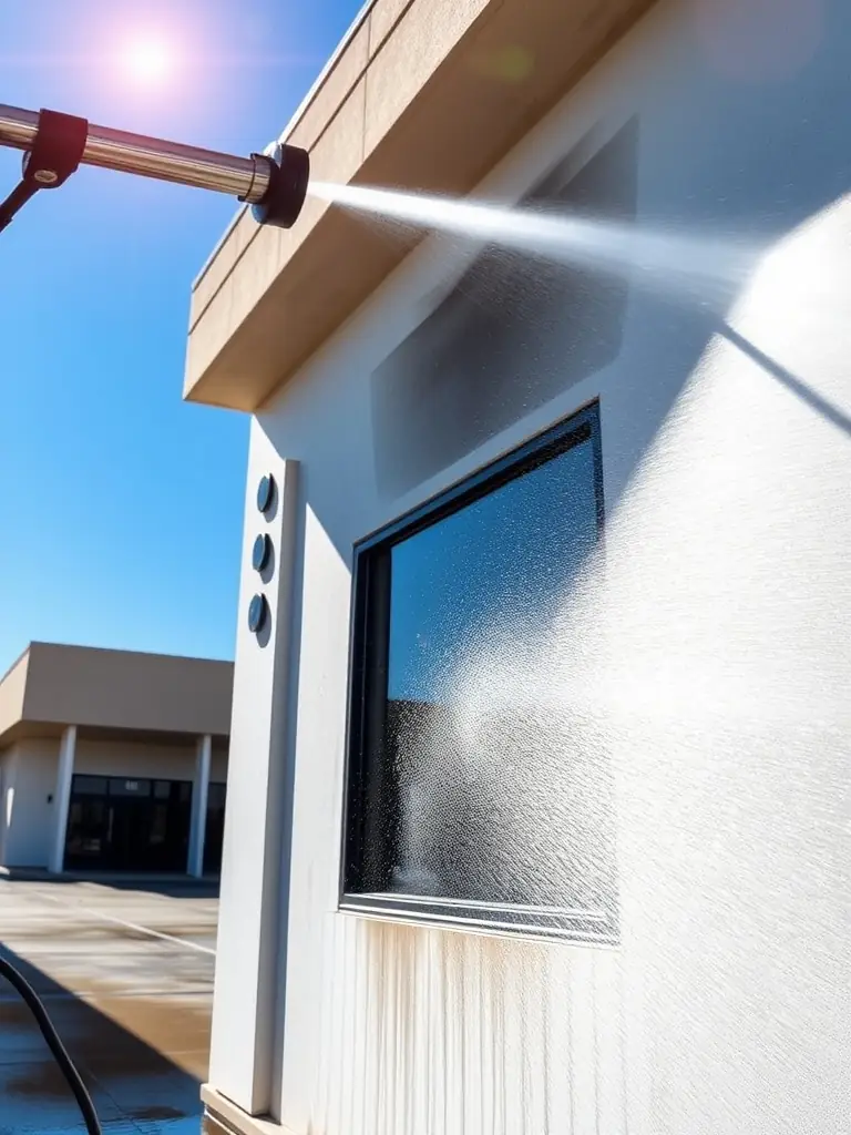 A high-angle shot of a commercial concrete floor being cleaned with a hot water pressure washer, showcasing the immediate difference between the clean and dirty areas.