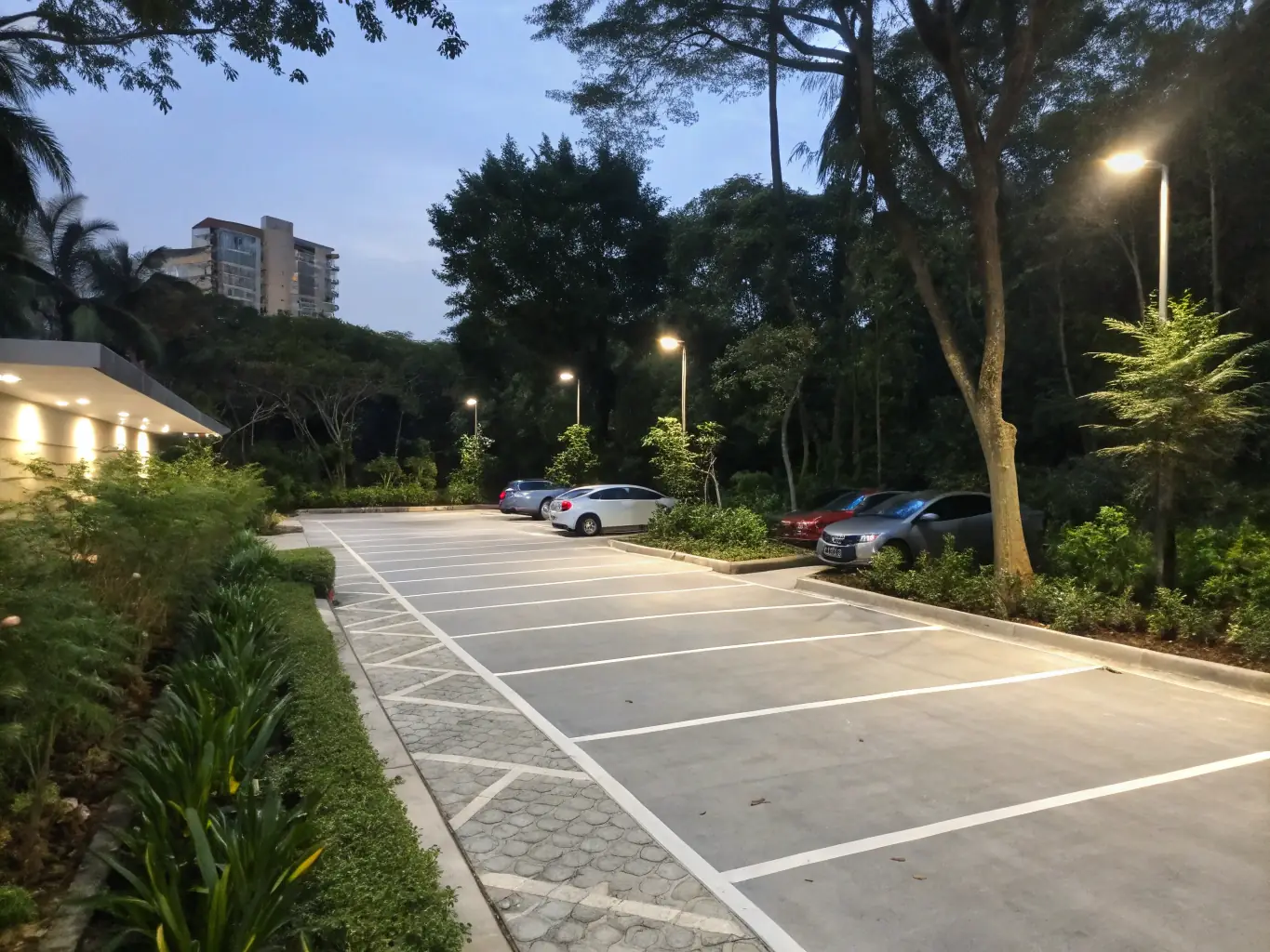 open air carpark at dusk